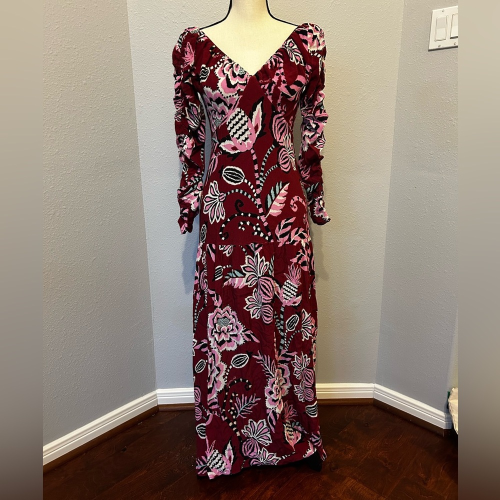 FARM Rio Burgundy and Pink Floral V-Neck Maxi with Long Sleeves